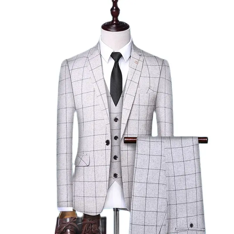 

( Jacket + Vest + Pants ) New High-end Men's Wedding Dress Classic British Plaid Business Casual Suit Formal Three-piece Suit