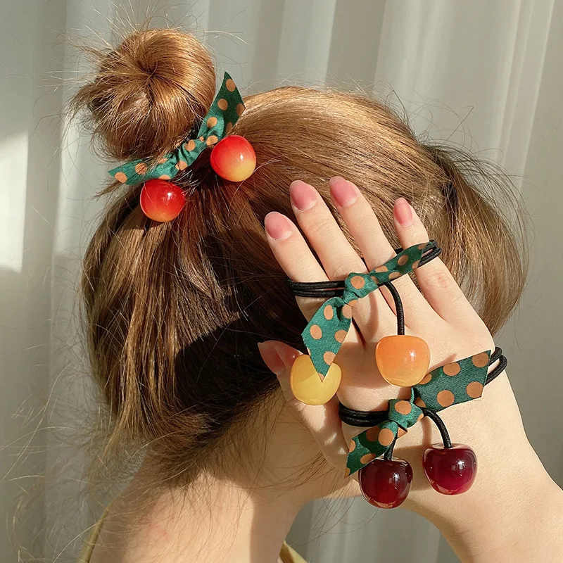 Cute Cherry Elastics Hair Ties for Girls Colorful Polka Dot Bow Knot Hair Rope Ponytail Holder Hair Accessories for Women