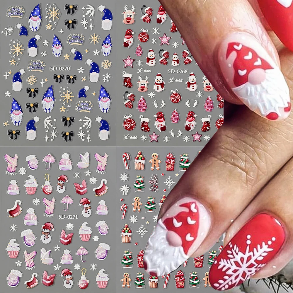 1Pcs 5D 귀여운 크리스마스 펭귄 눈송이 네일 아트 스티커 크리스마스 엘크 산타 클로스 자기 접착 슬라이더 겨울 DIY 매니큐어 데칼