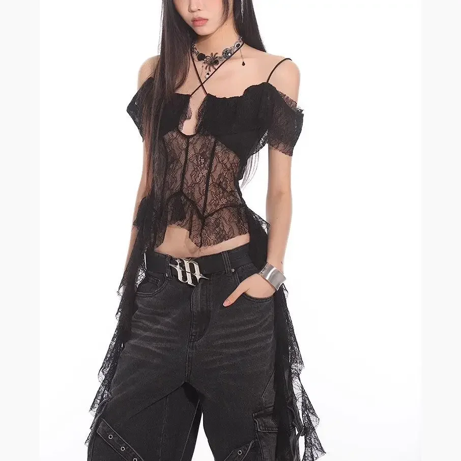2026 Korean Version New Summer Pure Desire Style Niche Sexy Spicy Girl Lace One Shoulder Floating Belt Vest Simple Top