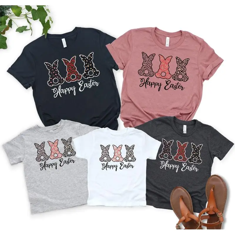 

Easter Family T Shirt Leopard Bunny Spring Happy Kids