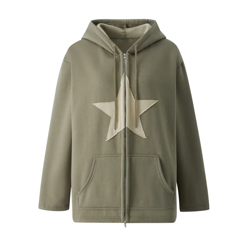 Vintage Star Patch Hoodie Women Casual Loose Sweatshirt Hip Hop Zip Up Hooded Coat Women Y2k Harajuku Long Sleeve Sweatshirts