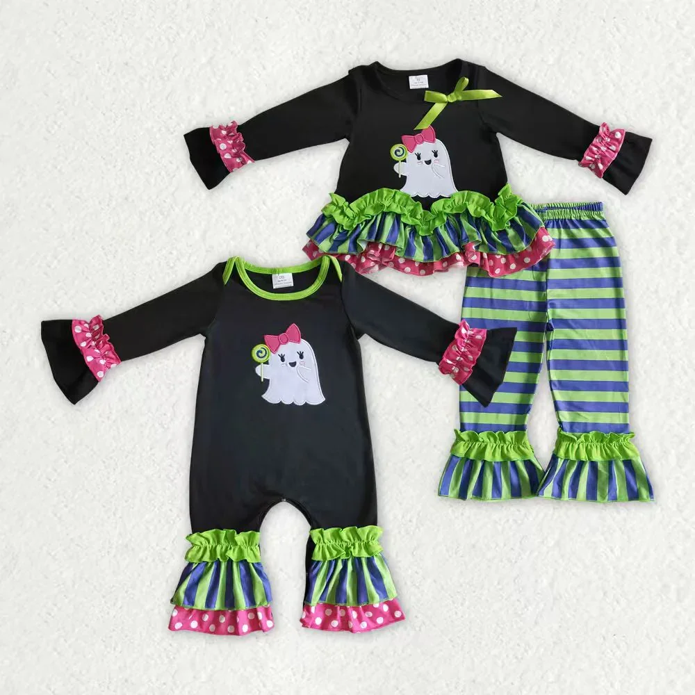 

z917-08 GLP0182 Wholesale kids clothes girl embroidery bow Halloween long pants sets Autumn Boutique baby girl clothes rompers