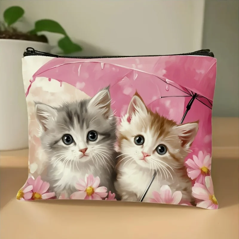 1pc Women'S Cute Cat Print Makeup Bag Sweet Style Fabric Cosmetic Organizer with Adorable Kittens and Floral Pattern Pouch