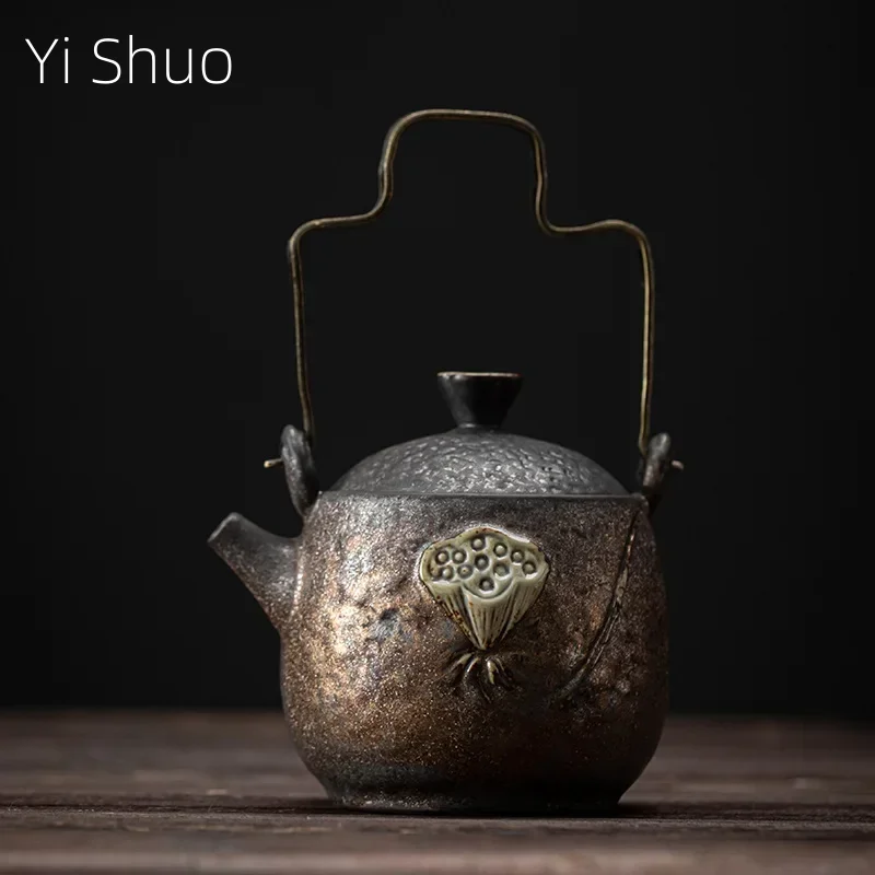 Japanese Gilding Iron Glaze Loop-Handled Teapot Ceramic Kung Fu Small Size Retro Domestic Teapot Tea Making Device Tea Kettle