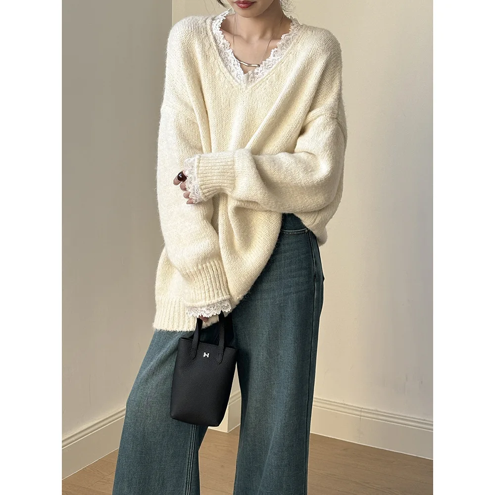 Automne hiver pull femmes col en V ample haut en tricot doux collant doux épissage dentelle paresseux Style décontracté hauts