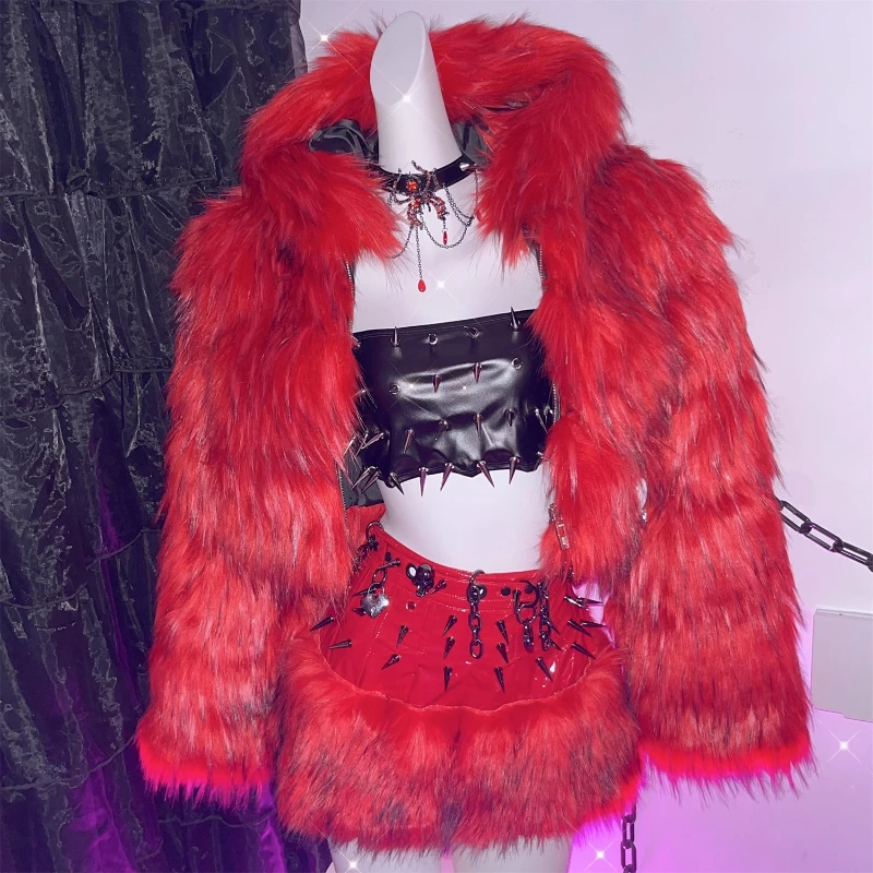 Punkowy Czerwony Y2K Hot Girl Gruby Krótki Płaszcz Damski Oryginalny Design Jesień Zima 2025 Nowa Kurtka z Sztucznego Futra Pluszowa Utrzymująca Ciepło