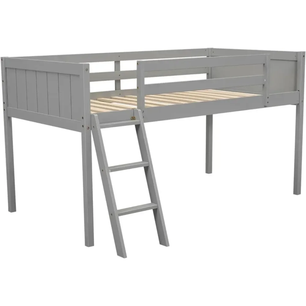 Lit loft bas en bois avec échelle, lit loft bas en bois avec garde-corps pour enfants ou adolescents, peu encombrant, aucun ressort mécanique nécessaire, taille jumelle