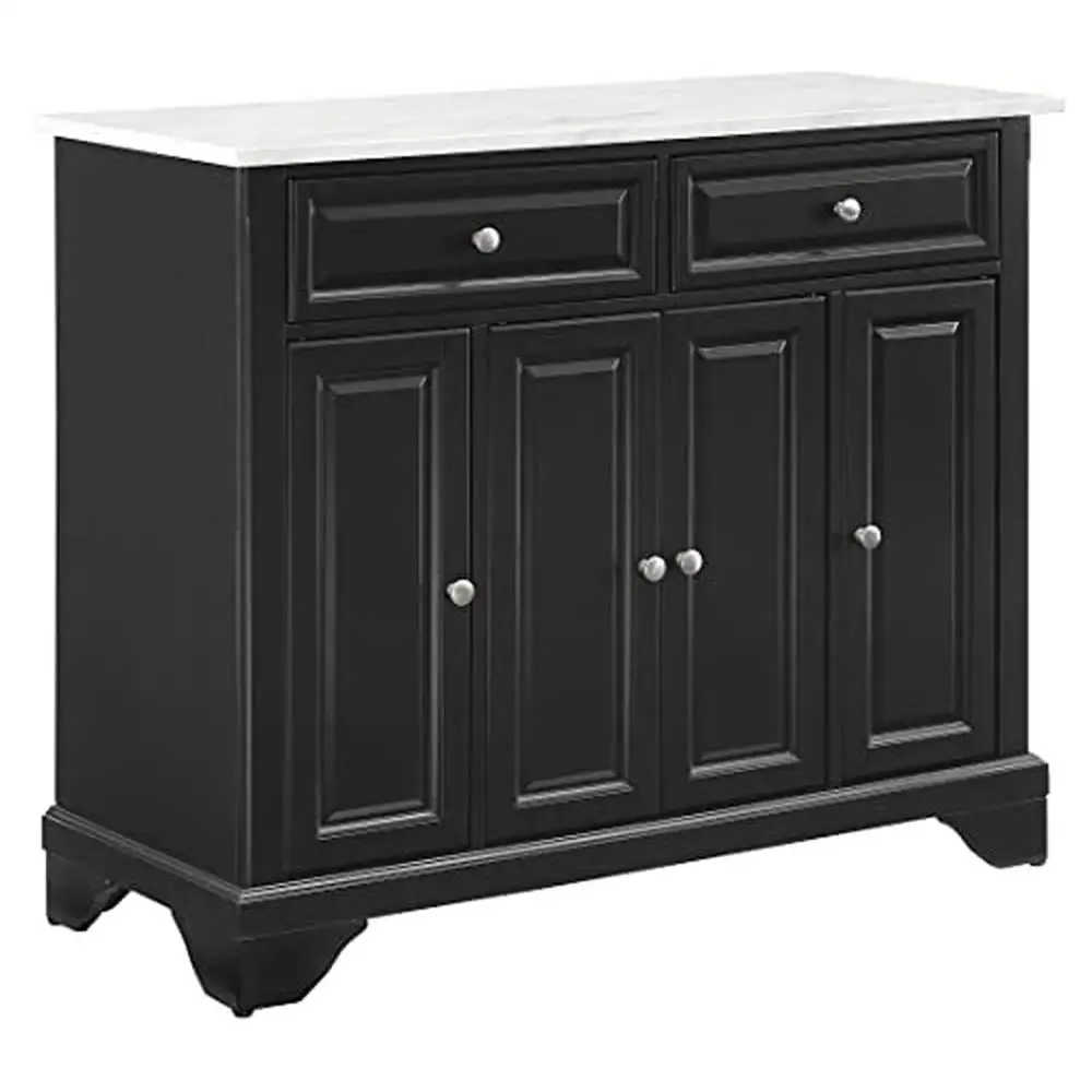 Distressed Black Kitchen Island with Faux-Marble Top Adjustable Shelves Cabinets & Drawers Ideal Microwave Cart or Coffee Bar