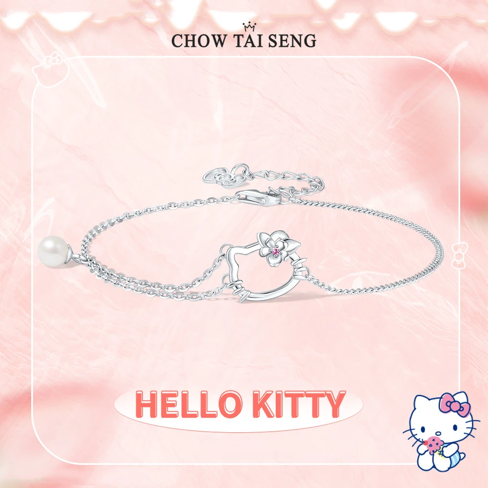 Sanrio Hello Kitty Bracelet Camellia 925 Silver Pearls Jewelry Female Student Cartoon Cute Ins Design Hand String Festivals Gift