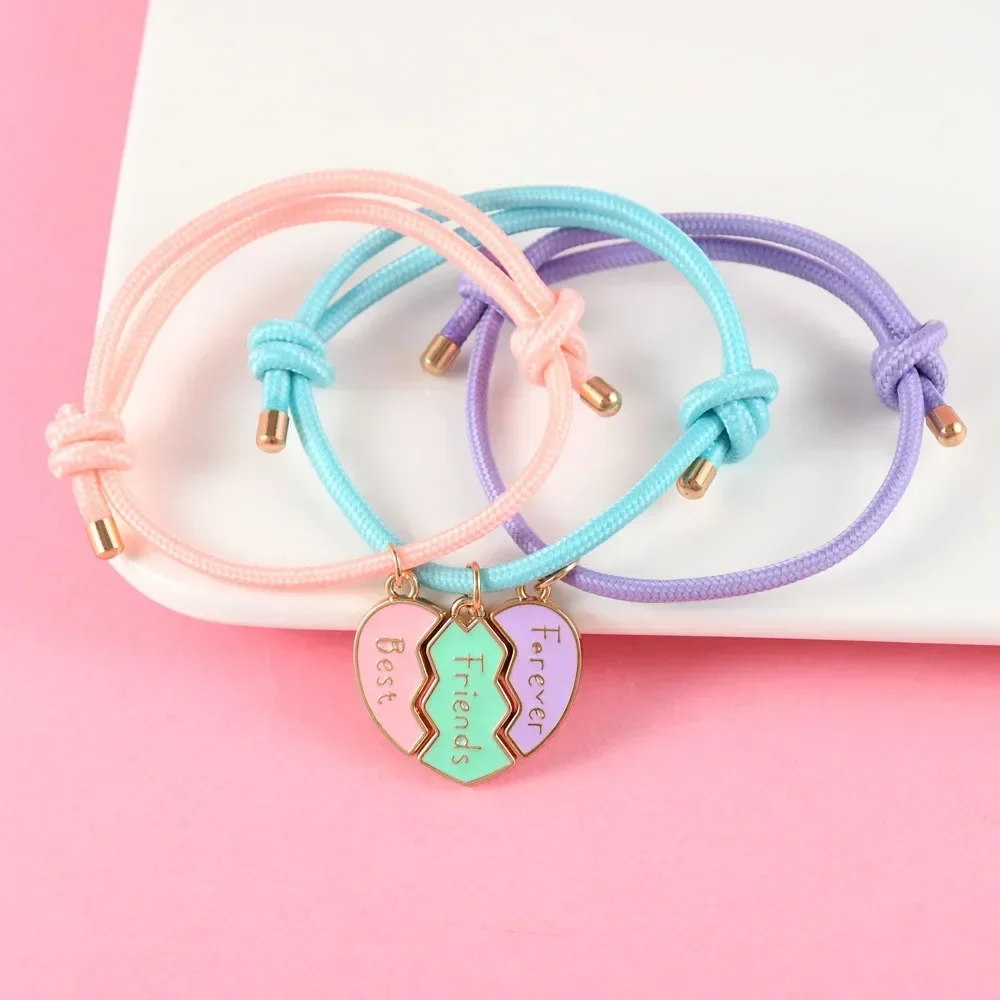 Luoluo&baby 3Pcs/set Heart-shaped Stitching Best Friend Forever Bracelet for Kids Girls Fashion Friendship Gifts