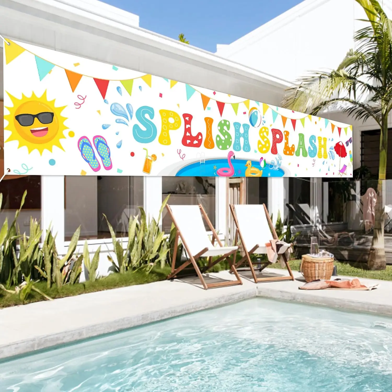 

Pool Splish Splash Banner Birthday Decor Summer Pool Theme Outdoor Hanging Yard Sign Decor Colorful Tropical Flamingo Banner