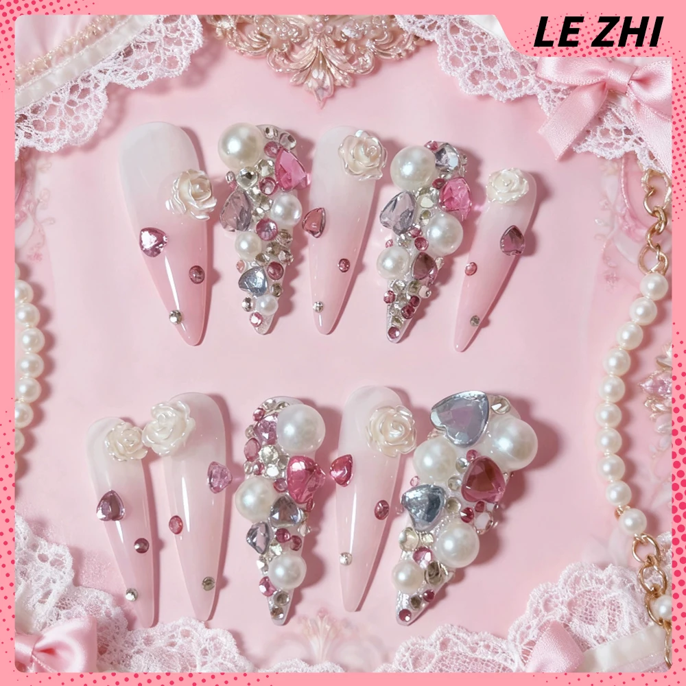 10Pcs Y2K Spice Girl Handmade Long Stiletto Wearable Press On Nail Cartoon Bear Bowknot Diamond Flower Pearl Ice Cream Fake Nail - view 5