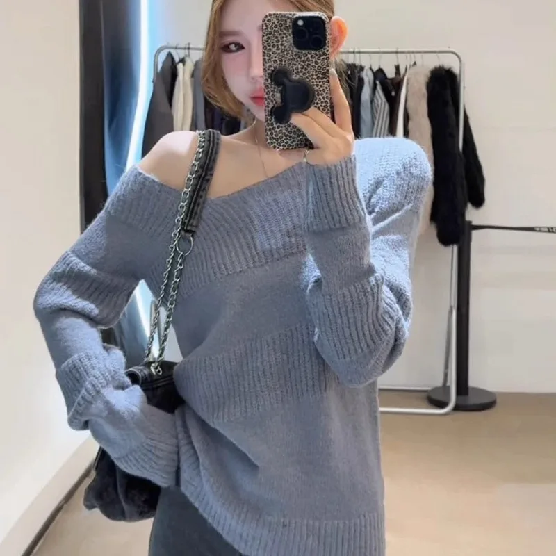 New Autumn Women Knitted Pullover Y2k Aesthetic Sexy Skewn Collar Long Sleeve Korean Sweaters Harajuku Spice Girl All Match Top