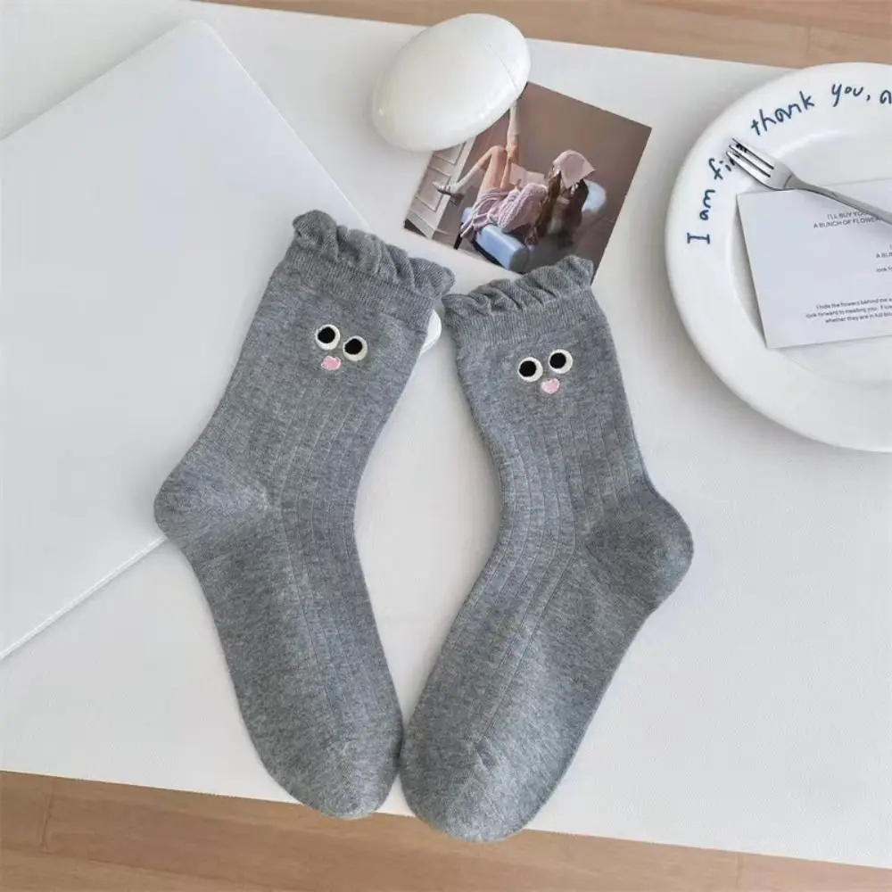 4Pairs Ins Embroidery Ruffled Socks Women Cartoon Breathable Mid Tube Socks Hosiery Eye Fall Y2K Hosiery Male