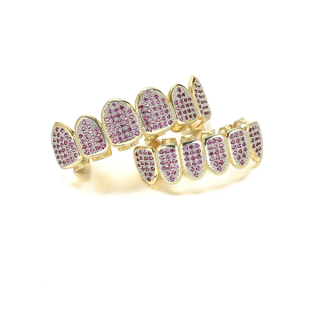 Hip Hop Full CZ Purple Stones Teeth Grillz Caps Cubic Zircon Iced Out Micro Top&Bottom Charm Grills Zestaw dla mężczyzn Biżuteria damska