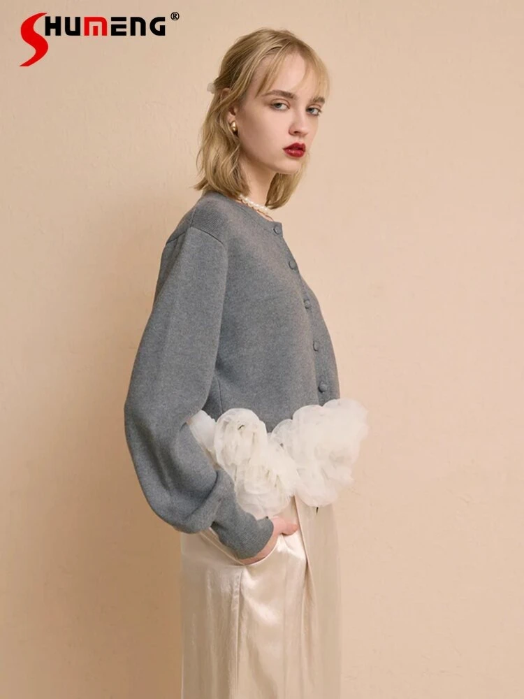 

Japanese Elegant Fashion Round Neck Long Sleeve Single Breasted 3D Ruffled Mesh Stitching Versatile Knitted Cardigan Top Women