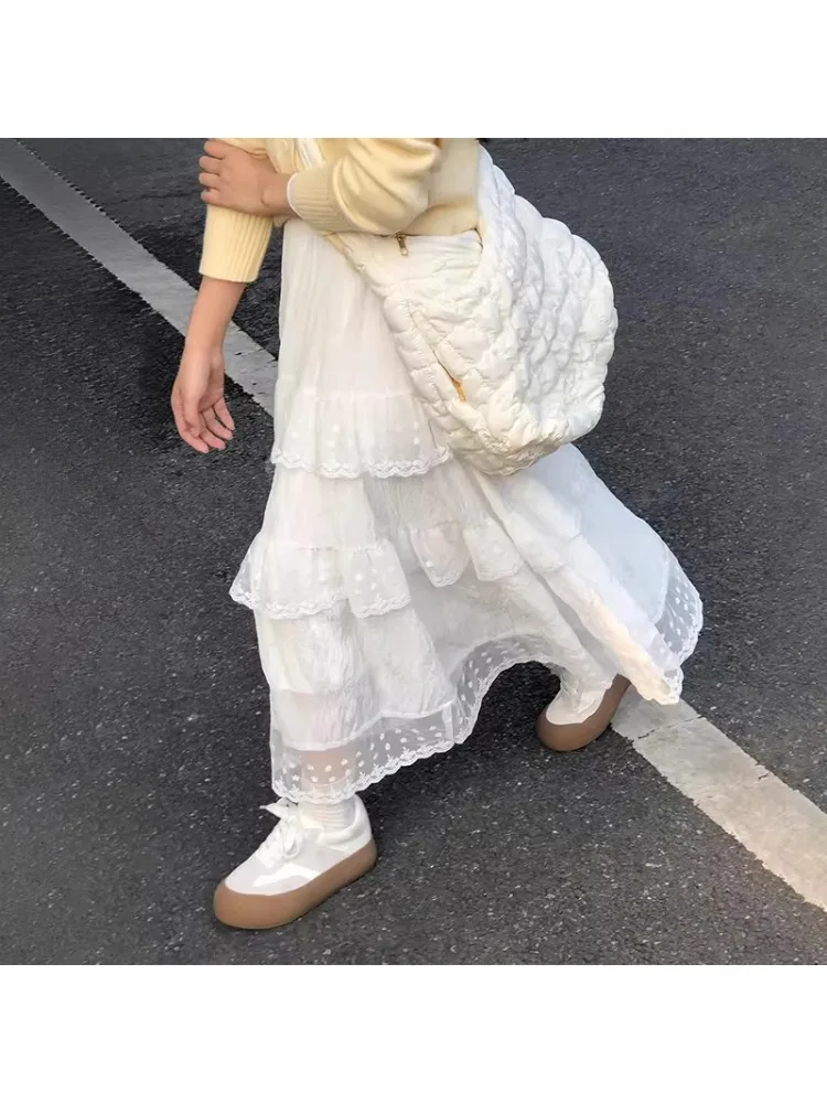 

Sweet Retro Texture Lace Trim Midi Skirt Women's Spring Summer plus Size Korean Style A-Line Skirt Shape Sandal Shape P...