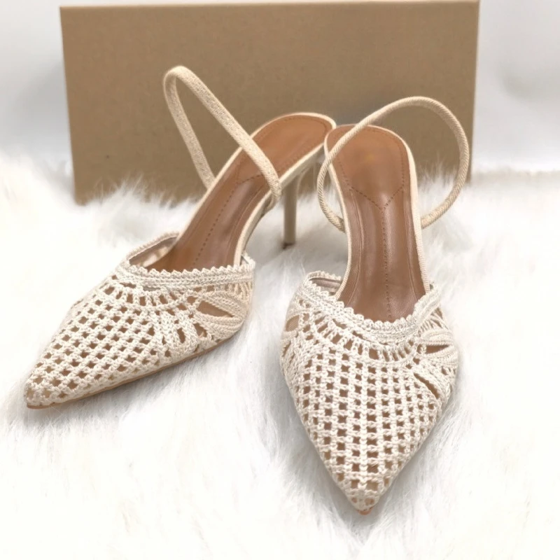 Women Sandals White Crochet Knit Slingback Heels Pumps Pointed Toe Hollow Stiletto Heel Ladies Elegant Backless Daily Wear Shoes