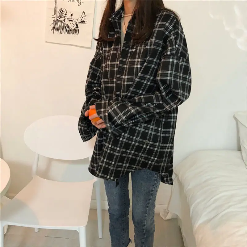 Shirts Women Leisure Chic Long Sleeve Plaid Simple 3XL Mujer Blouses Loose Retro All-match Students Spring Harajuku Clothing