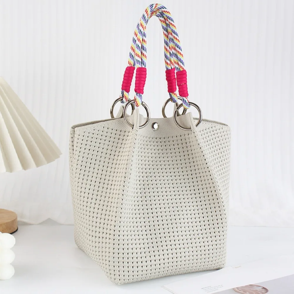 

Fashion Soild Color Knitted Bucket Bag Handmade Woven Ring Buckle Shoulder Bag Large Capacity Wrist Bag For Women Girls