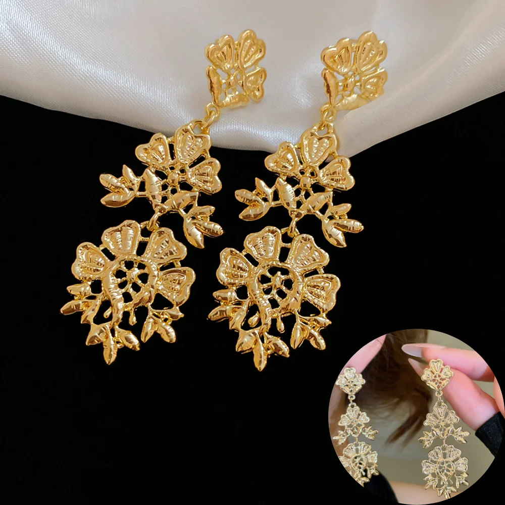 

Trendy Stylish Golden Dangle Earrings Flower Design Match Daily Outfits Party Accessories Fashionable Stuff