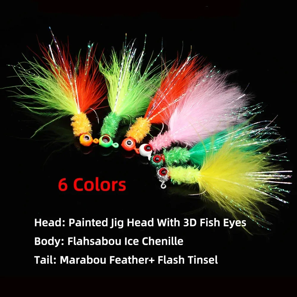 6PCS Multi Colors Marabou Crappie Jig Head Hooks Ice Fishing Panfish Bluegill Trout Walleye Fishing Lure Hook