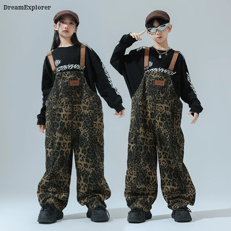 Girls Hip Hop Leopard Print Overalls Boys Baggy Pants Dungaree Trousers Kids Jumpsuit Street Dance Wear Romper Child Streetwear