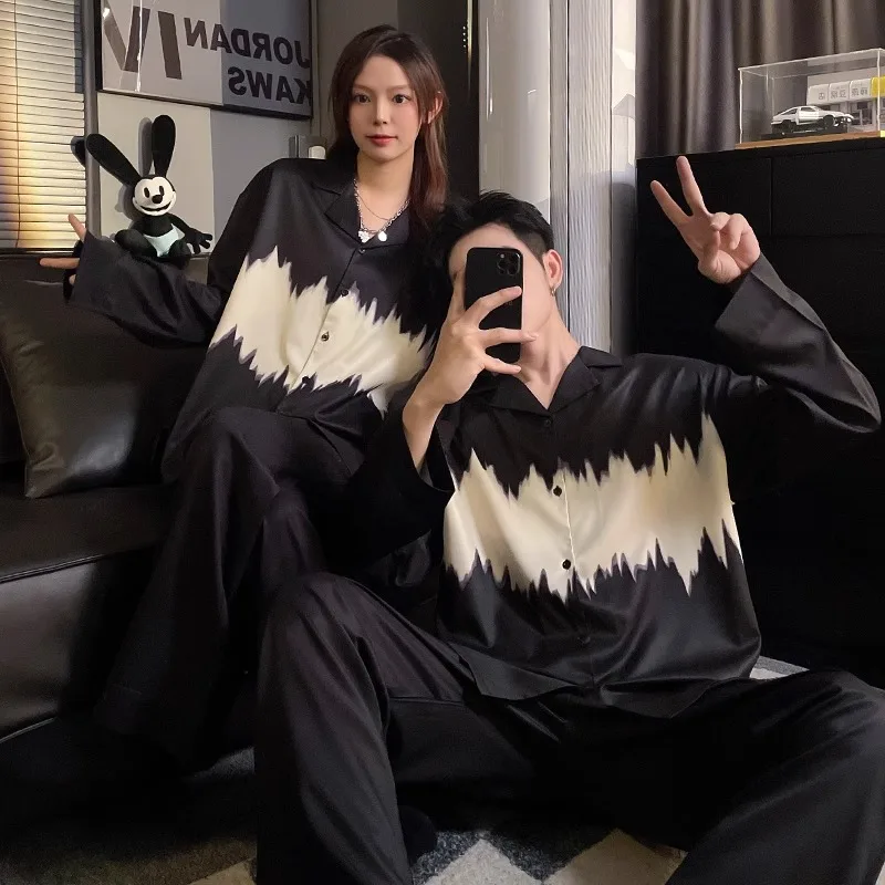 DAIMELU Couple's sleepwear, women's summer thin ice silk new long sleeved high-end men's spring and autumn home suit set