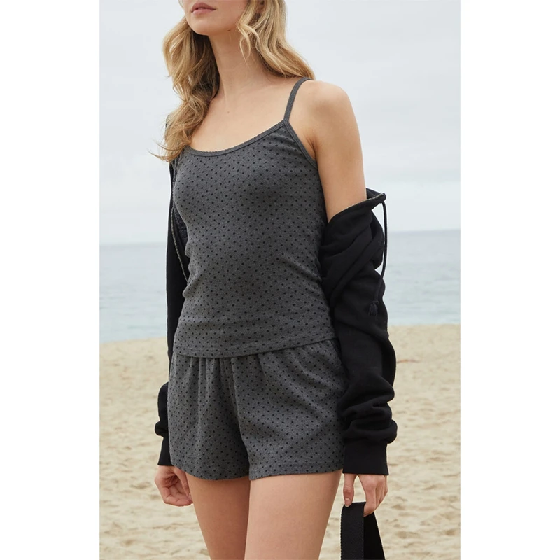 2Piece Pajamas Set for Women Summer Sleeveless Y2k Dot Print Slim Camisole Tops with Elastic Waist Shorts Loungewear