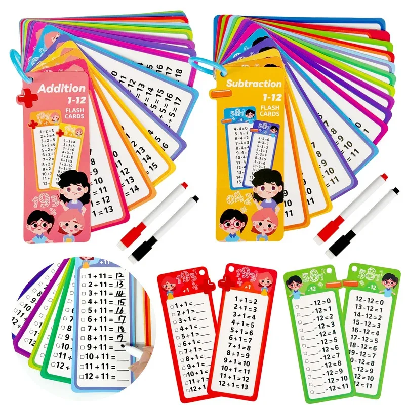 Educational Math Game Set - Addition Subtraction Multiplication Division & Fractions 15 Cards And 2 Erasable Pens for Learning
