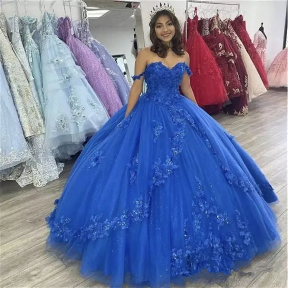 Royal Blue Ball Gown Quinceanera Dresses Elegant Off the Shoulder Flowers Beaded Birthday Party Prom Princess Customized