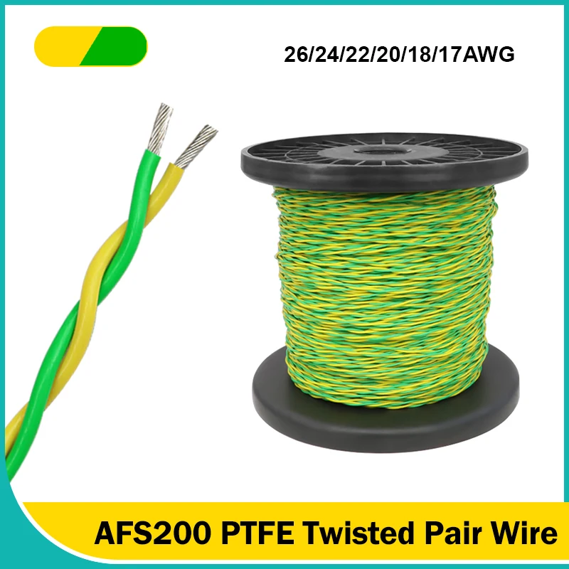 

Yellow Green AFS200 PTFE Twisted Pair Wire 26/24/22/20/18/17AWG DIY FEP 2pins High Temperature Electronic Signal Copper Cables