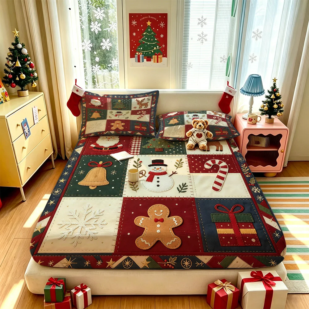 3pcs Christmas Patchwork Element Bedding Set Coreless Soft Comfortable 1 Bedspread 2 Pillowcases Bedroom Home Decor Holiday F