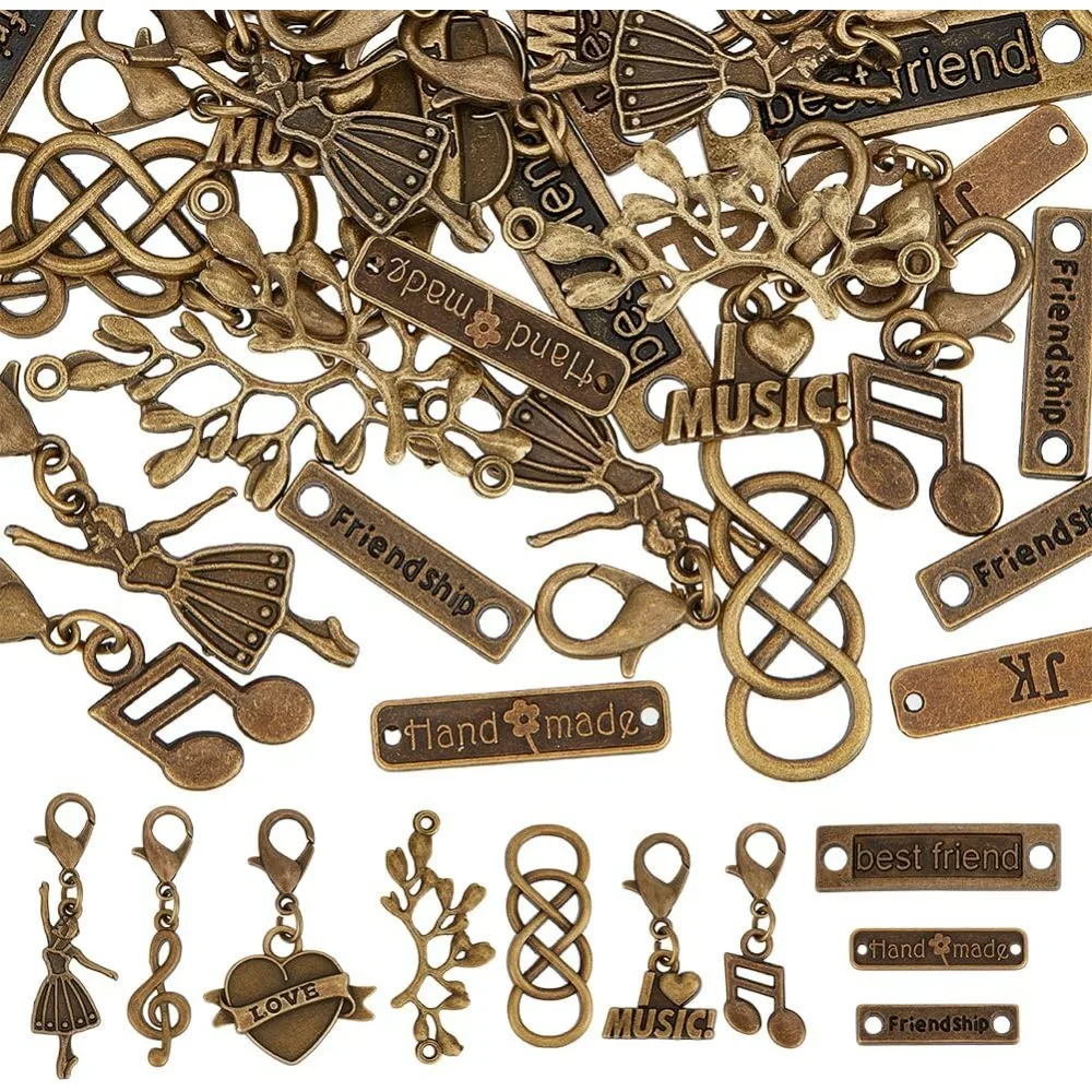 

40 Pcs Mixed Antique Bronze Charms 10 Styles Vintage Alloy Dangle Pendants Lobster Clasp Charms for DIY Necklace Bracelet