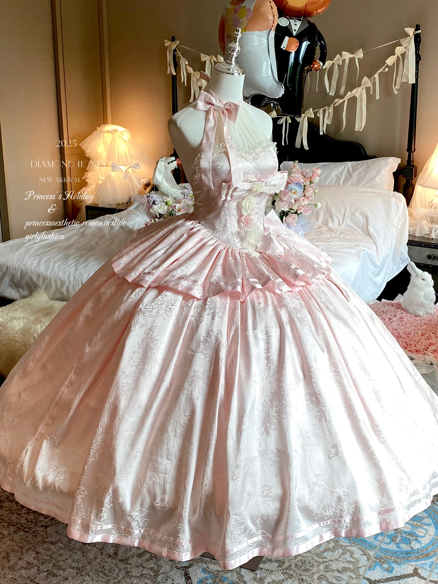Doce casamento rosa maxi vestido francês elegante doce arco fora do ombro halter princesa noite meninas vestidos de fadas da mulher 2025