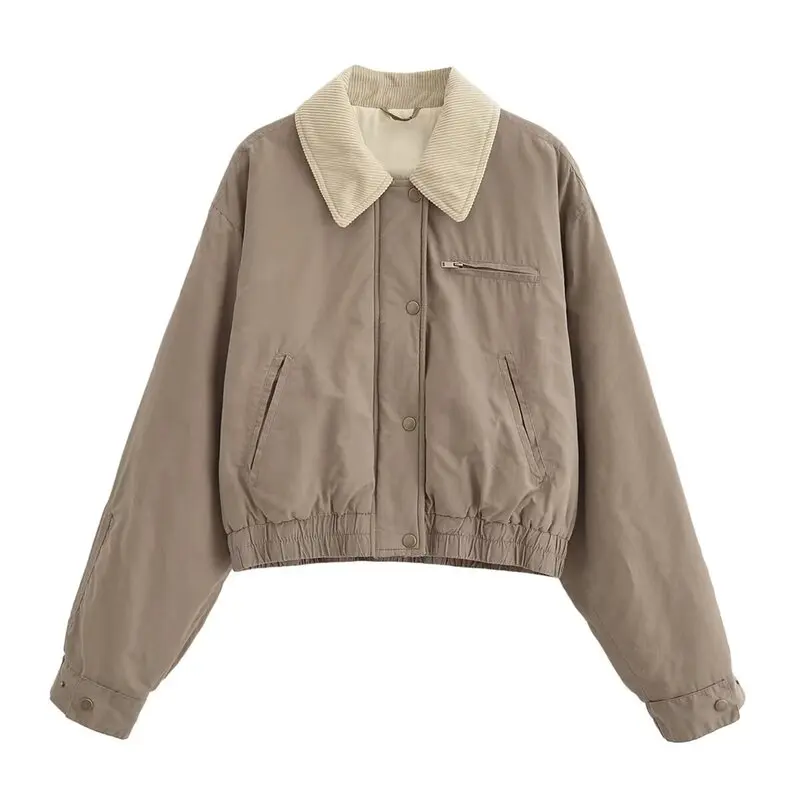 

New 2024 Women's Long Sve Collared Jaet Wax Cotton Patchwork Color Blo Coat Commute Loose Fit Winter Zipper Closure
