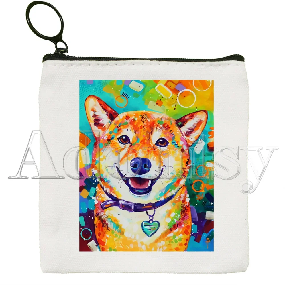 Bolsa de moedas Shiba Inu Canvas, Impressão Japonesa, Animal Engraçado, Bonito, Cor Sólida, Saco Chave com Zíper, Presente de Mão, Pequeno Fresco, Novo