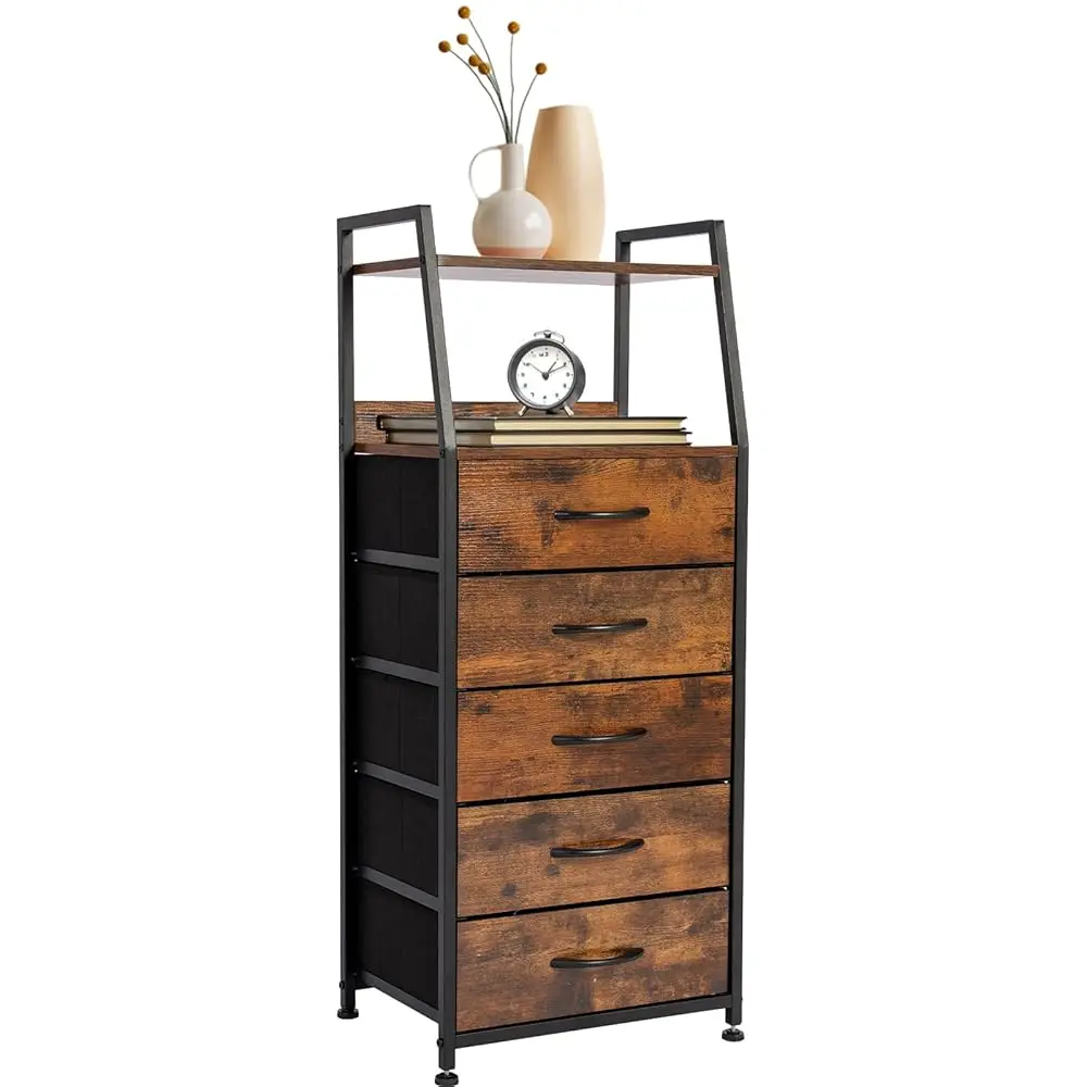

Nightstand With 5 Drawers And 2-Tier Shelf, Side Table With Fabric Drawers, End Table Side Furniture Organizer Tall Dresser For