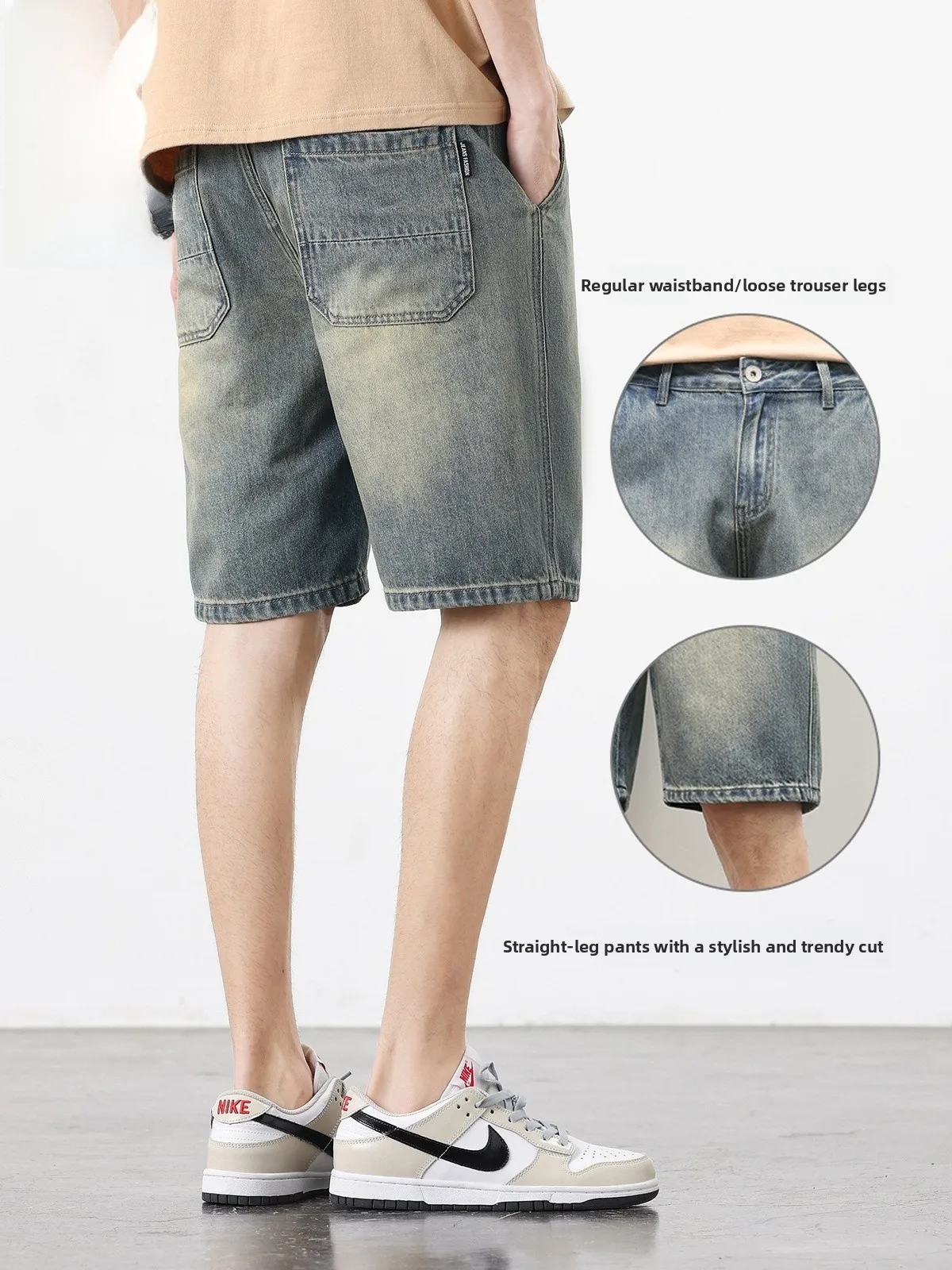 

Vintage Washed Short Shorts Men's Summer Thin Cotton Polyester Blend Loose Fit Five Pocket Jeans Youth Trendy Wear