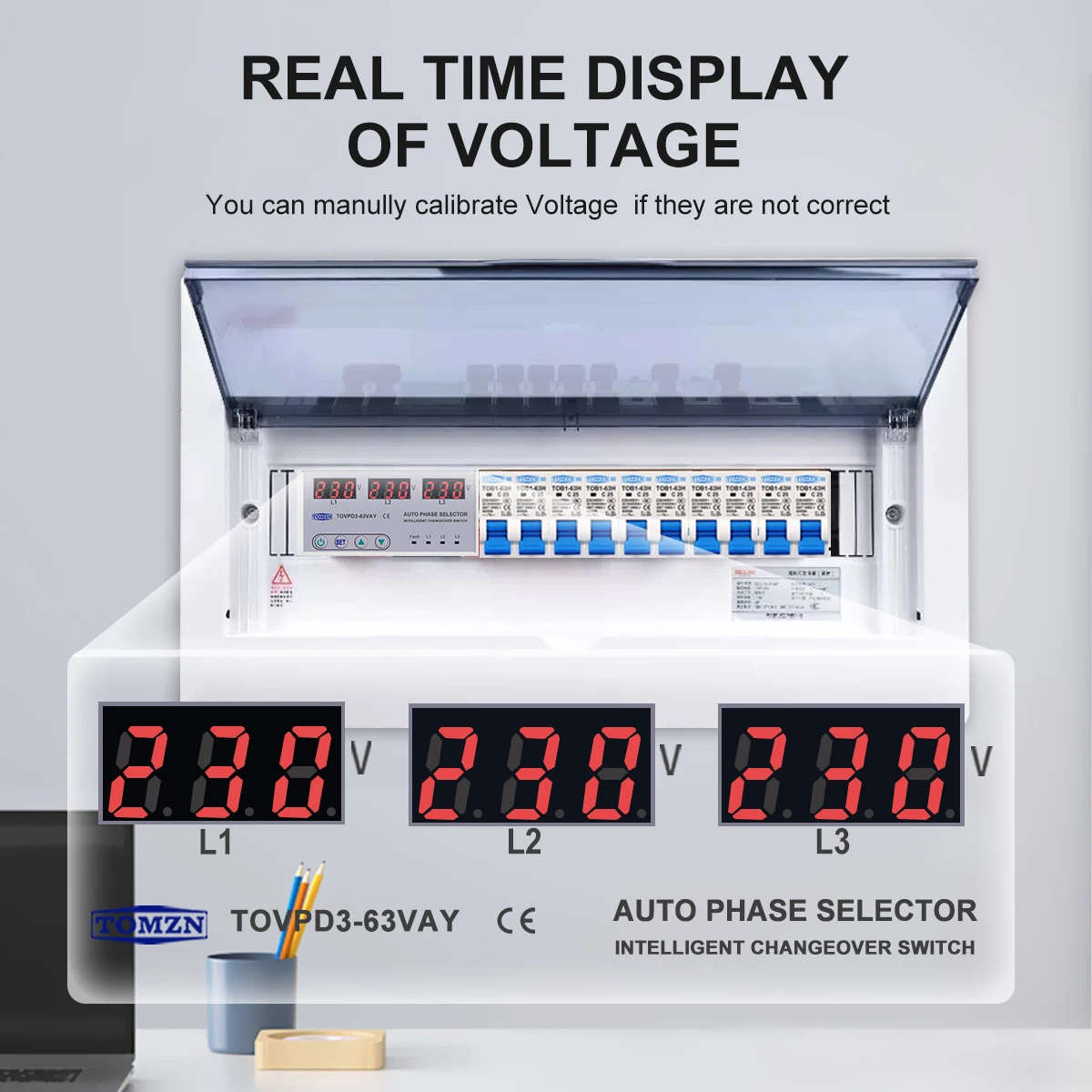 63A 3 phase 3P+N Din rail phase selector Voltmeter adjustable Over and Under Voltage protection Monitor Relays Protector