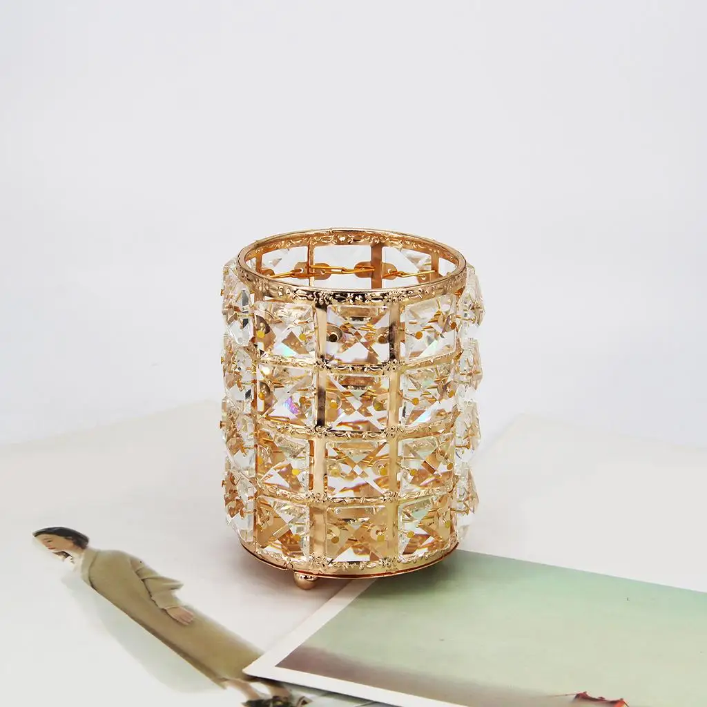 Crystal Vanity Brush Holder Makeup Organizer Metal Storage for Bathroom Office Desk Pen Container Gift