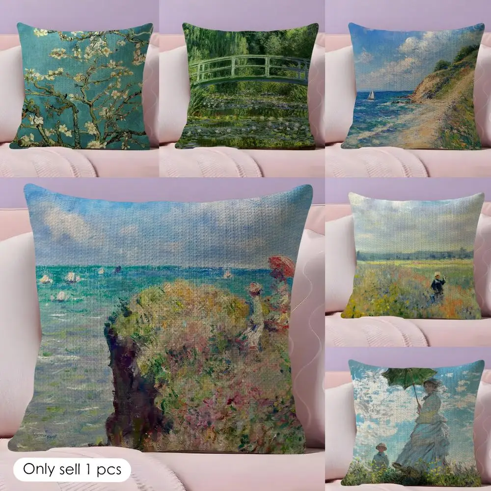 Claude Monet oil art Cushion Cover Natural Linen Organic Fabric Double-Sided Printing Sofa Home Decor Gift Pillow Case