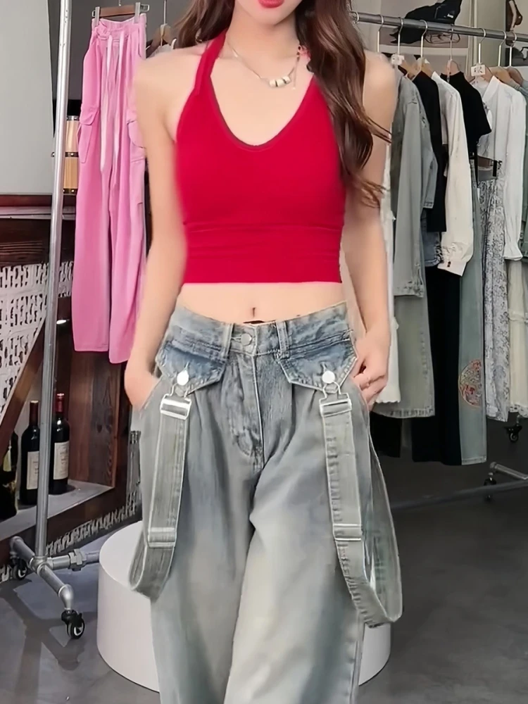 High Waist Straight Leg Denim Jeans Women's Vintage Detachable Design Overalls Spicy Girl Casual Wear Summer Season