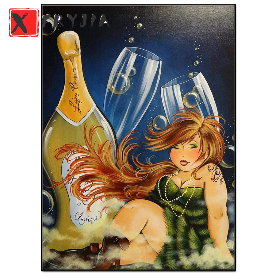 full square/round drill Cartoon fat girl with wine bottle and glass 5d diy diamond painting cross stitch diamond home decor