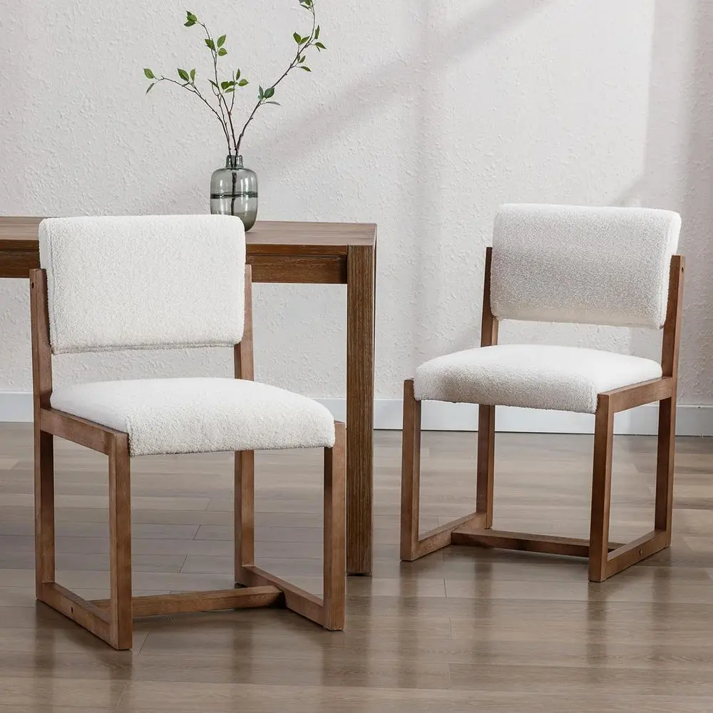 

Mid-Century Modern Upholstered Dining Chairs Set of 2, White Boucle Fabric Side Chairs with Wooden Legs