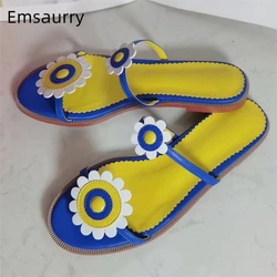 Girasole abbellimento pantofole a fascia stretta donna vera pelle tacco piatto Outwear diapositive per ragazze estate