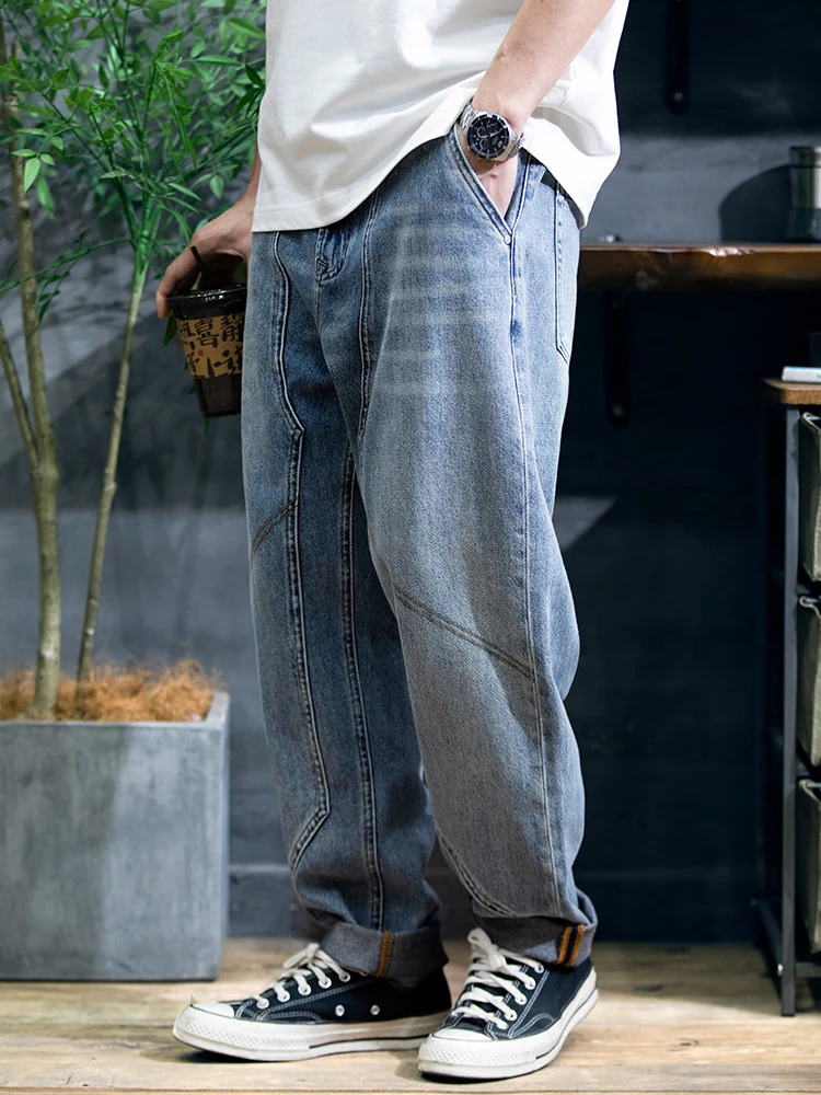 Retro Washed Loose Fit Men's Workwear Jeans Spring Autumn Seasonal Cone Shaped Splicing Water Washed Casual Long Trousers