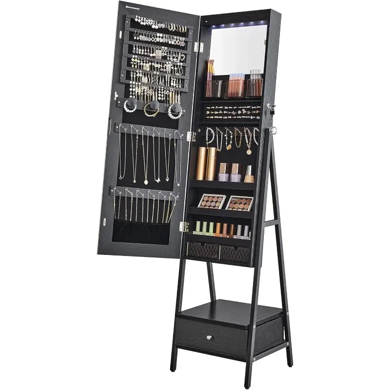 LED Mirror Jewelry Cabinet Standing, Lockable Jewelry Armoire with Full-Length Mirror Space-Saving Jewelry Organizer with Mirror