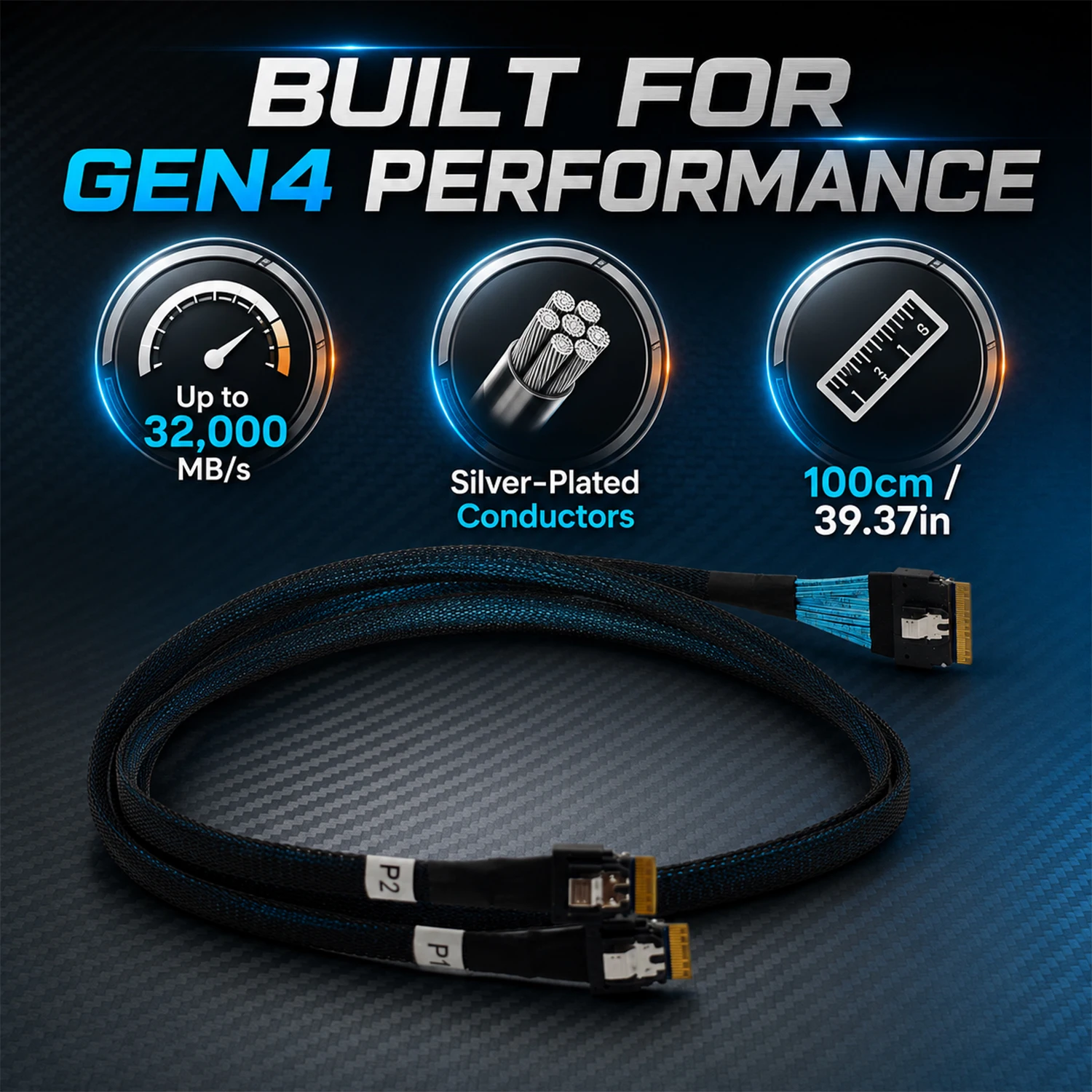 Slim SAS 8i to Dual 4i SFF-8654 Gen4 Server Data Cable 1M Silver-Plated High Speed Storage Backplane Breakout Cable
